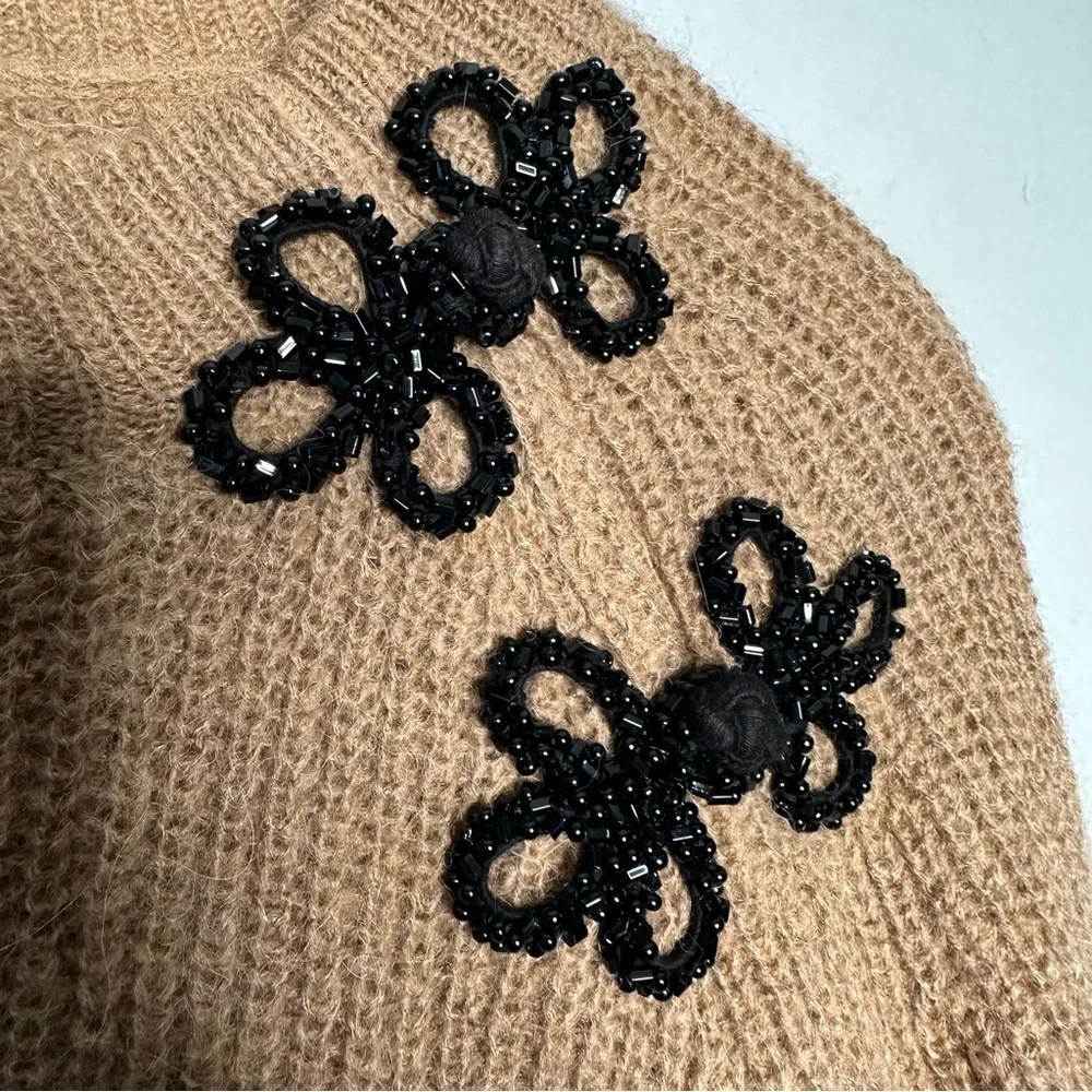 J. Crew | Alpaca Wool Camel Tan Ribbed Sweater with Beaded Frog Clasps Size XS